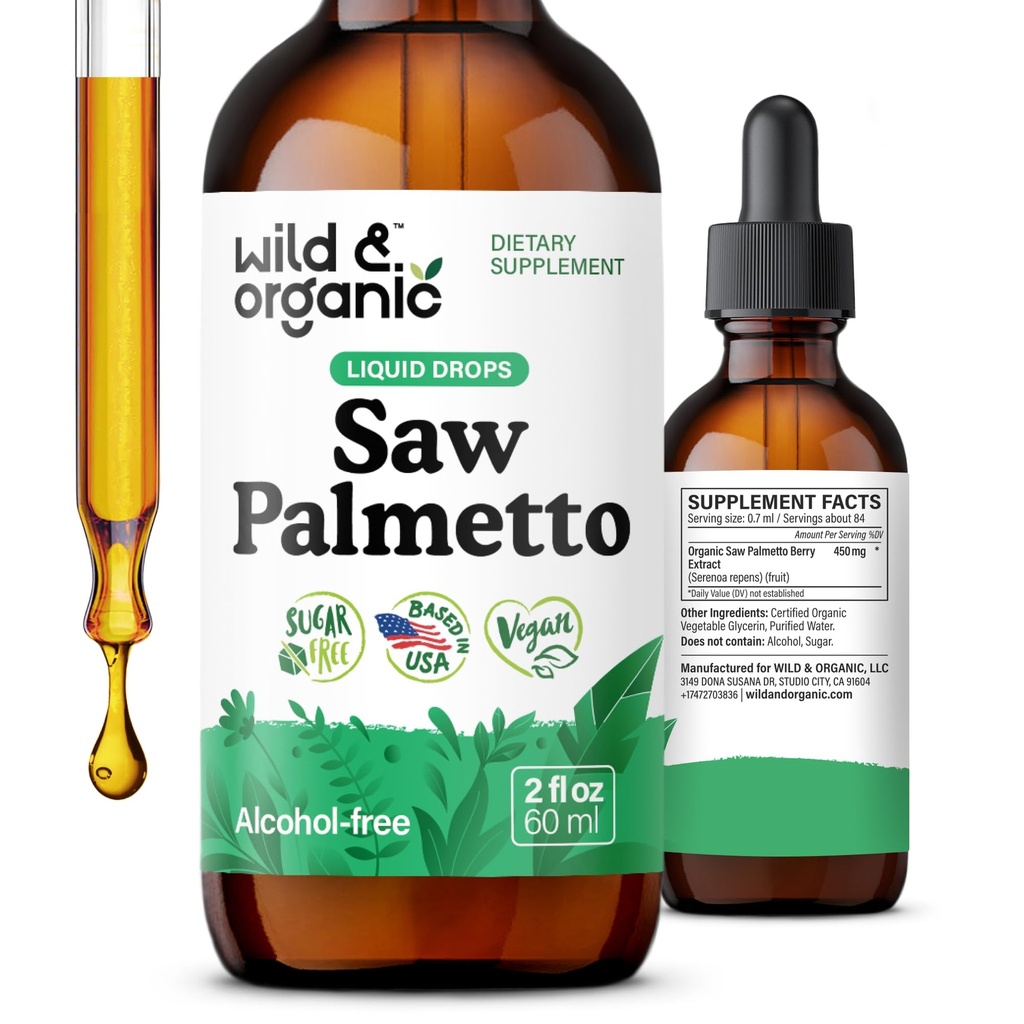 Wild & Organic Saw Palmetto Extracts - תמיכה שתן - Saw Palmetto for Men & Women - סרנוה נוזלי סרנוה Repens Berries - טבעוני, סוכר ואלכוהול חינם - 2 fl oz