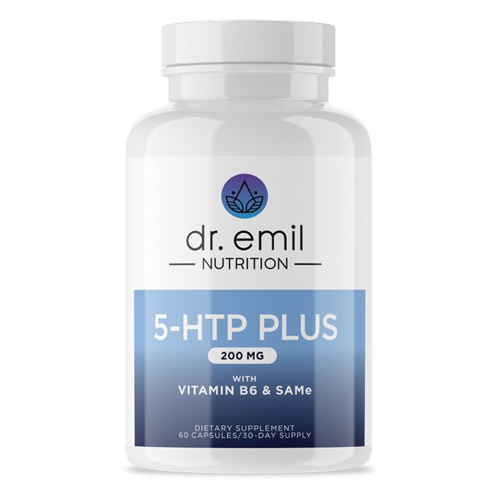DR. EMIL NUTRITION 200 MG 5HTP בנוסף עם SAM-e כדי לשמור על שינה בריאה נורמלית וליצור תחושה של רווחה - תוספת 5HTP עם ויטמין B6-60 קפסולות טבעוניות, 30 משרתים
