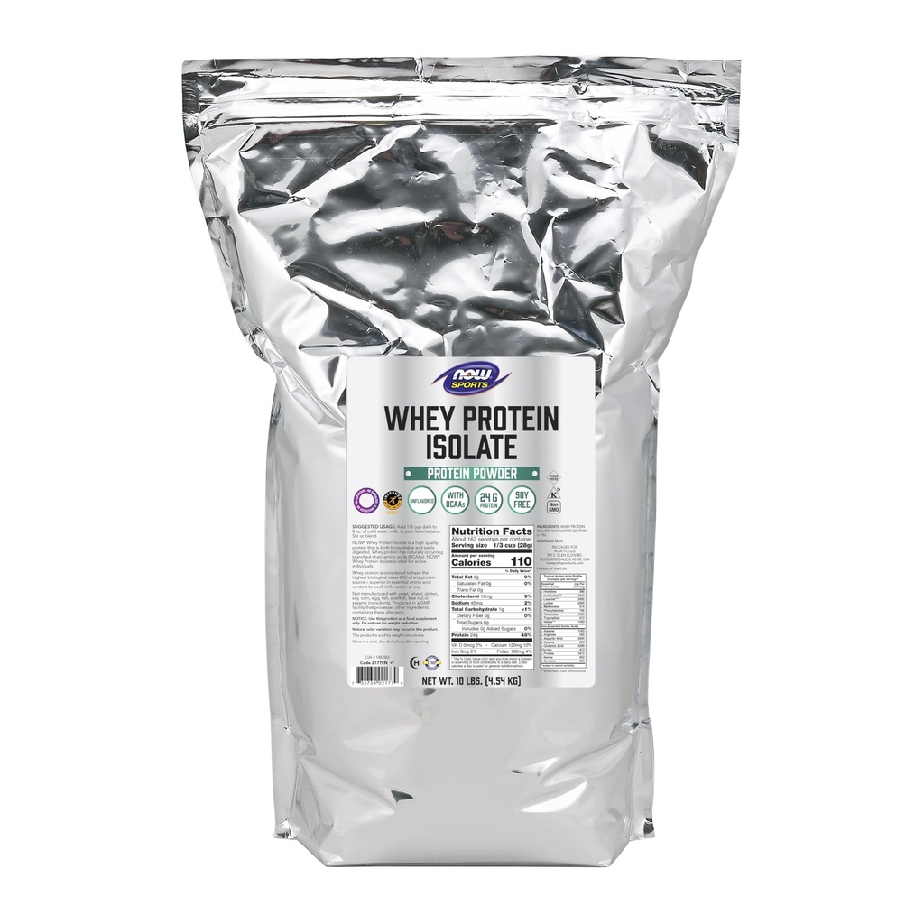 Now Foods Sports Nutrition, Whey Protein Isolate, 25 גרם עם BCAAs, אבקת Unflavored, 10Poundate