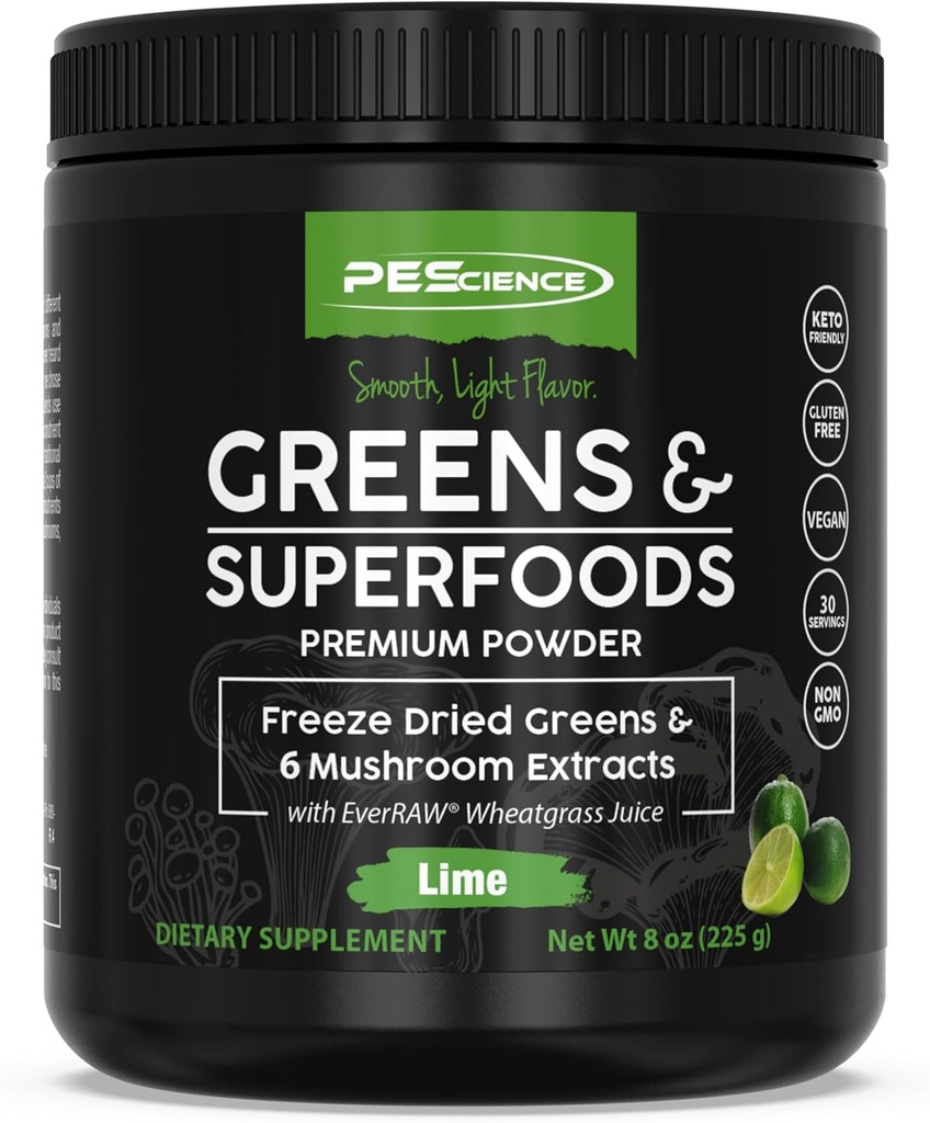 PEScience Greens אבקת Superfood with Natural Chlorophyll, Reishi & טורקיה Tail Mushroom אבקת, Freeze-Dried Kale, Spinach, Broccoli Sprouts, Lime Flavor, 30 משרתים