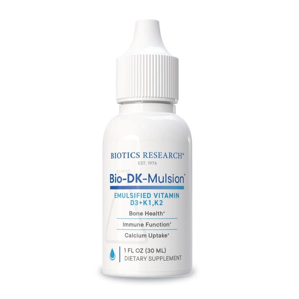 Biotics Research Bio-DK-MulsionTM-Emulsified נוזל ויטמין D ו-K, D3 Drops 125 mcg & ויטמין K (K1, K2) 300 mcg MK-7-Supports Stronger Bones, Moculoskeletalחוזק, בריאות לב ו-BMI 1 oz