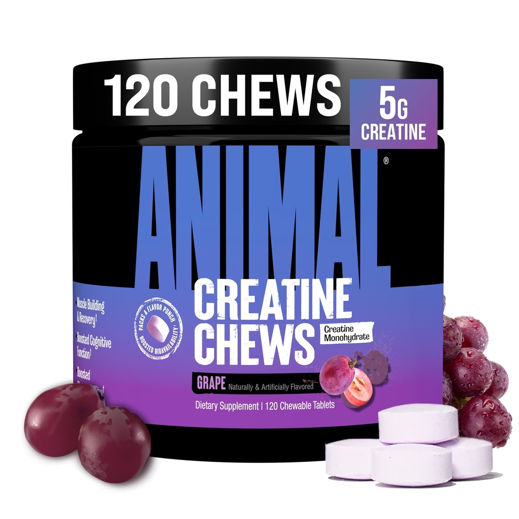 Animal Creatine Chews Tablet - Enhanced Creatine Monohydrate עם AstraGin כדי לשפר את Absorption, מלח ים עבור משאבות נוספות, טבליות טעימים וקוננסיים - GrapepeGinable