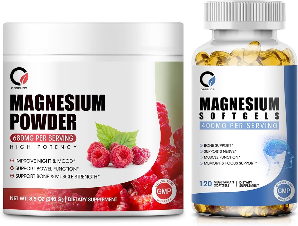 מגנזיום Glycinate 400 מ"ג Softgels & 680 מ"ג Magnesium Glycinate תרכובת אבקה עבור Calm, Night & השרירים תמיכה - טבעוני, לא GMO