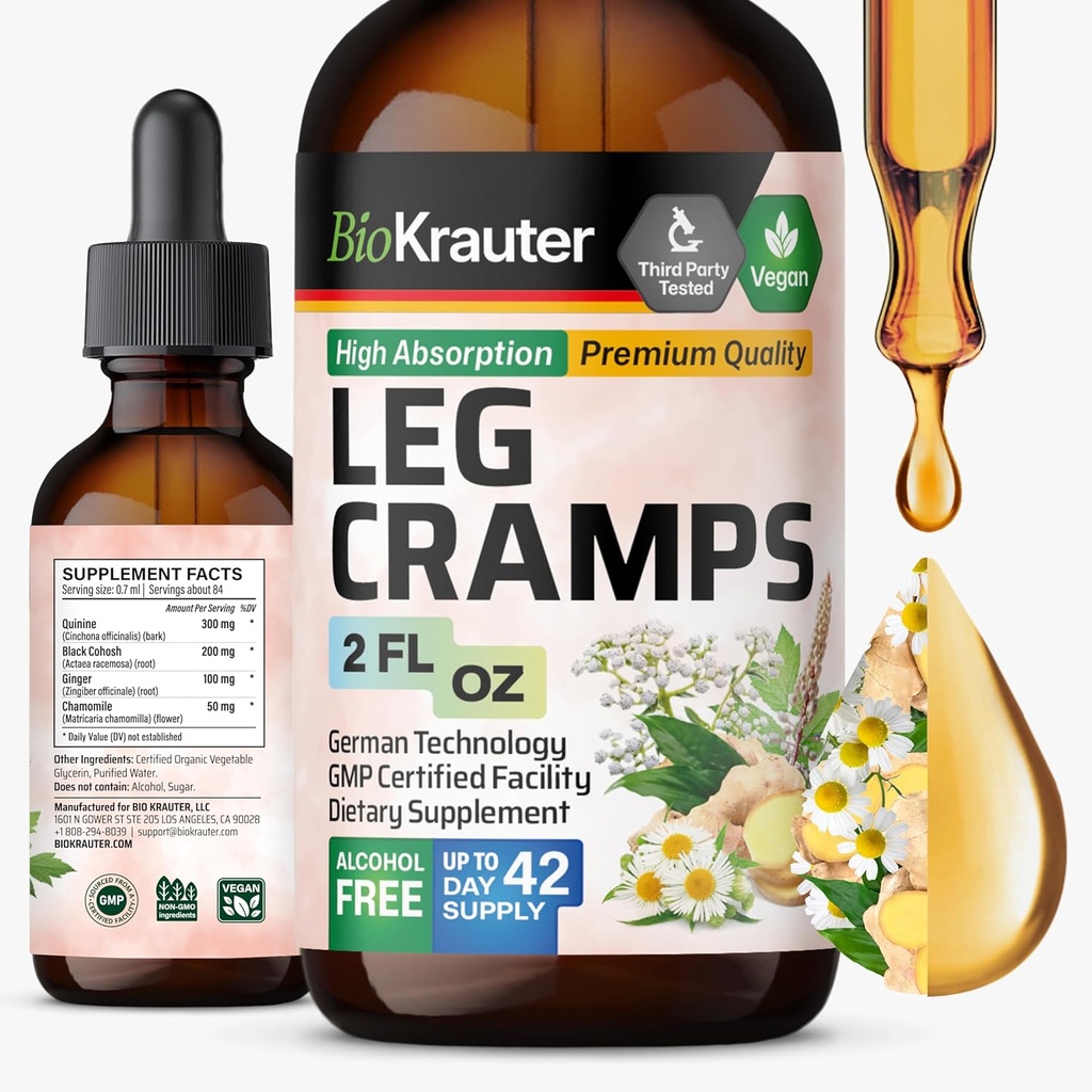 BIO KRAUTER Leg Cramps Tincture with Quinine - ג'ינג'ר וצ'מומיל לחלץ נוזלים עבור Cramps - Natural אלכוהול & סוכר פורמולה חינם פורמולה - טבעוני טיפות 2 Fl.Oz.