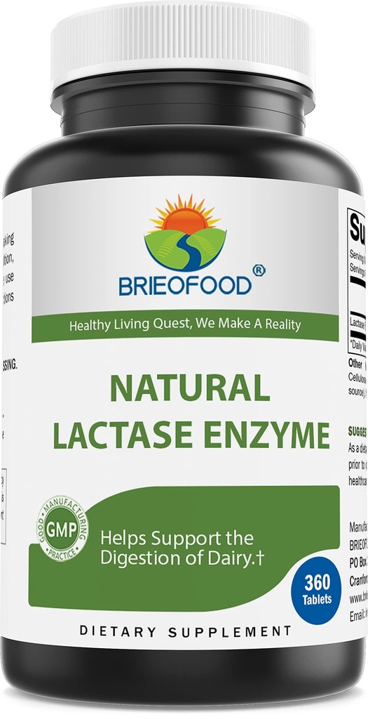 Brieofood Lactase Enzyme Pills - 3000 FCC ALU - 360 טבליות - 360 משרתות - non-GMO, Gluten Freeten