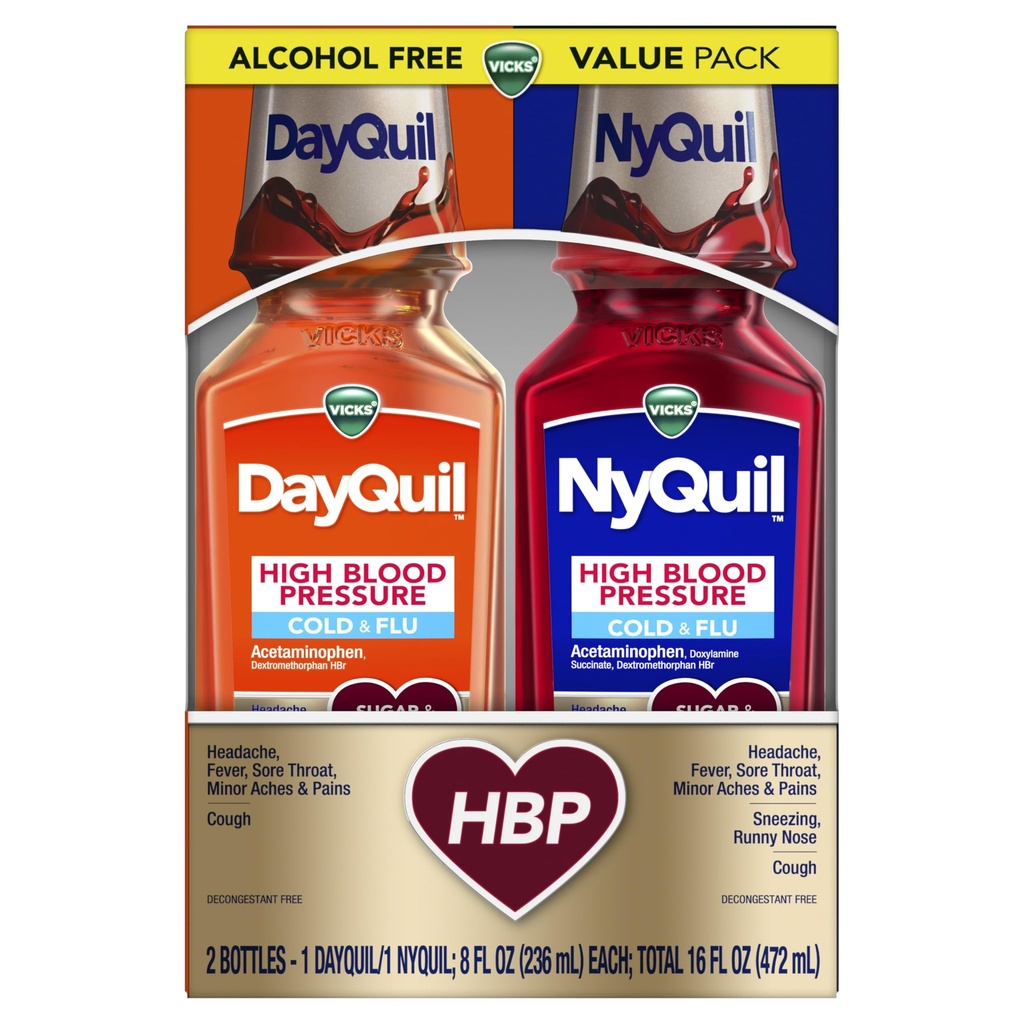 VICKS DayQuil & Nyquil לחץ דם גבוה קר & Flu הקלה נוזל תרופה Co-Pack, Powerful Multi-Symptom Daytime & Nighttime הקלה עבור Cold, Cough, ותסמיני שפעת, סוכר ואלכוהול חינם, 2x8oz