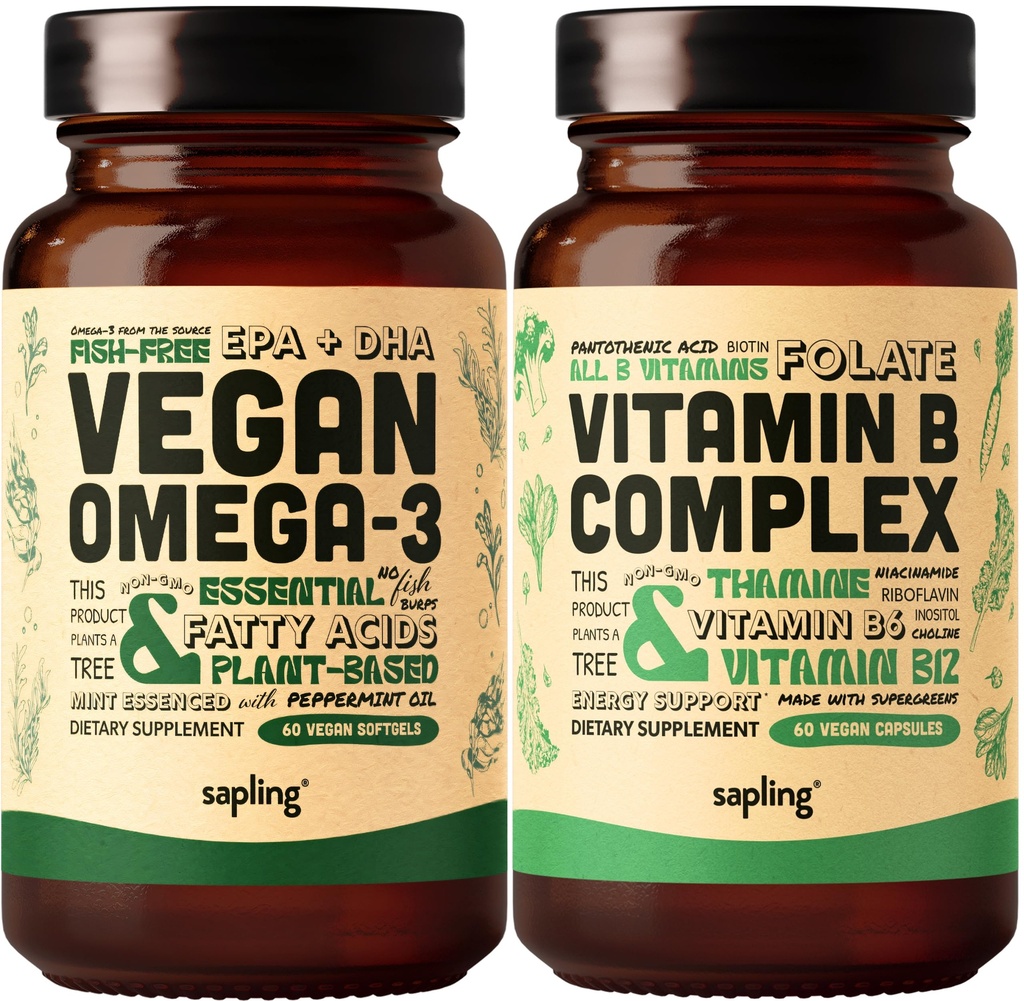 אומגה 3 & ויטמין B Complex Bundle - מבוסס צמחי DHA & EPA Fatty Acids, ויטמין B חיוני עם כל קערה מזון, B1, B2, B3, B5, B6, B7, Folate B7, Folate B7