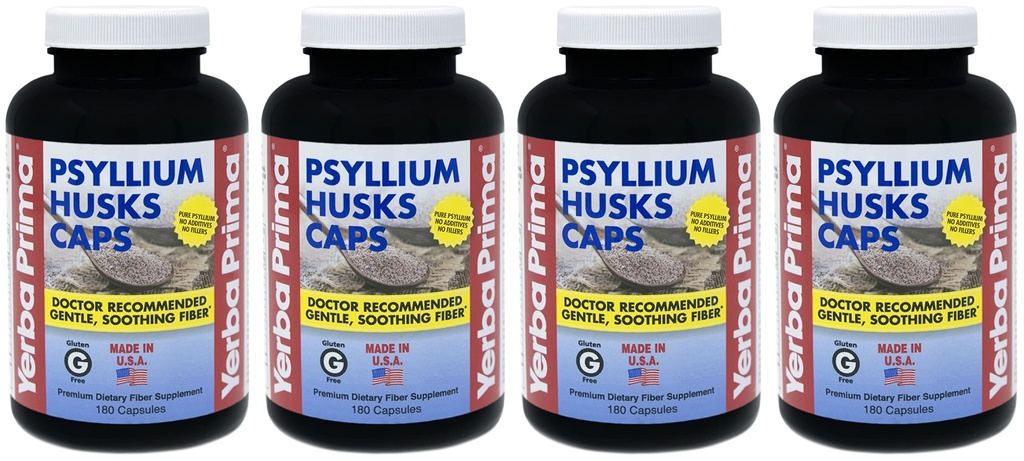 Yerba Prima Psyllium Husks Caps - 180 קפסולות (Pack of 4) - תוספי סיבים טבעיים - non-GMO Gluten Free