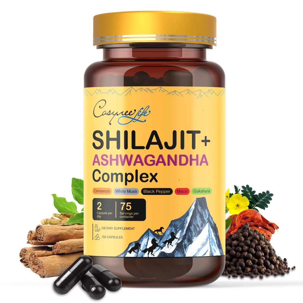 ההימלאיה Shilajit- Complex with Ashwagandha, Mace, Gokshura, Cinnamon & Piperine Trace מינרלים, Shilajit עבור גברים, Shilajit לנשים, Dose רגיל - 150 קפסולות