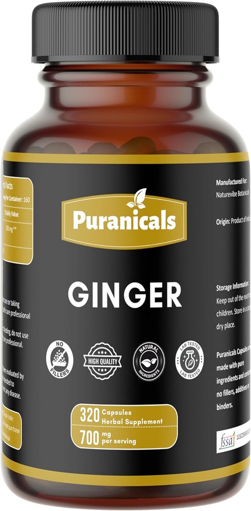 ג'ינג'ר פרימיום 320 קפסולות non GMO ו- Gluten Free | Herbal Supplement | 700 מ"ג Per Serve | Made with 100% Puregin Root אבקת