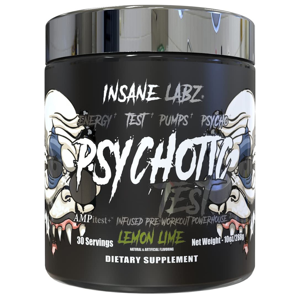 Insane Labz Psychotic Test, High Stim טסטוסטרון Energy and Pump Boosting טרום-Workout אבקה עם DMAE Bitartrate, D Aspartic Acid, Creatine HCL ו- Glycerol Monostearate, 30 משרתים, לימון LimeE bitartrate, D Aspartic Acid, קריטין HCL ו- Glycerol Monostearate Monostearate.
