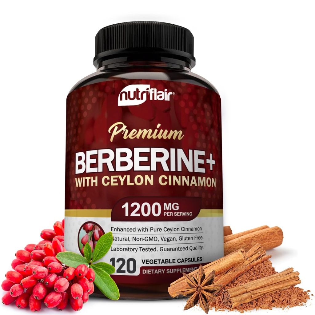 NutriFlair Premium Berberine HCL 1200 מ"ג, 120 קפסולות - Plus Pure True Ceylon Cinnamon, Berberine HCI Roots Pills - Immune System - נותן אופטימל 8% HCl