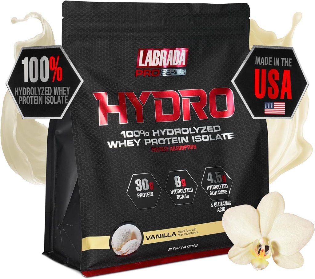 LABRADA Hydro 100% טהור hydrolyzed Whey חלבון אבקת Isolate, Lactose חינם, Glutamine, Fastest Digesting Whey זמין, Instant Mixing, Delicious Taste 48 משרתs 4lb (Vanilla)