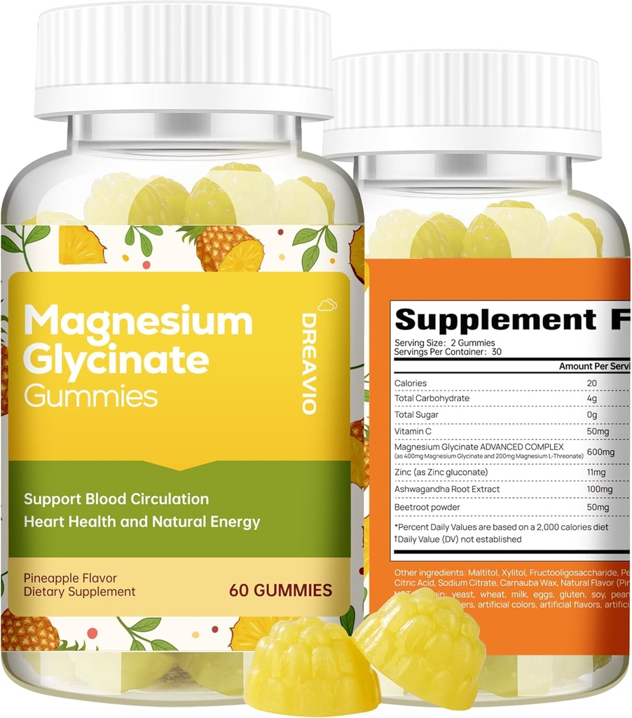 60 Count Magnesium Glycinate Gummies 400 מ"ג ו / Ashwagandha תוסף - סוכר חינם Zinc Magnesium Glycinate תוסף Ashwagandha חניכיים למבוגרים Pineapple Flavor