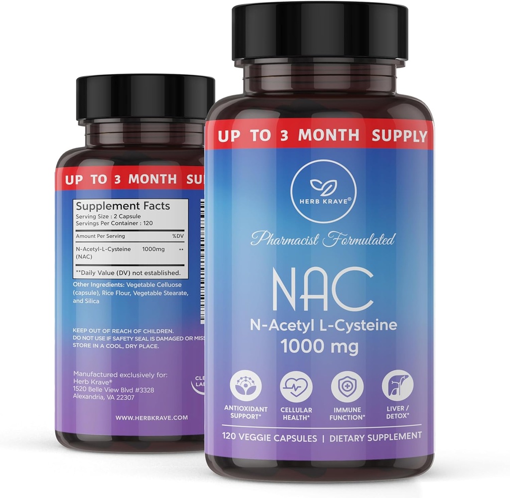 NAC תוספת N-Acetyl Cysteine 1000 מ"ג, Amino Acid, Natural Antioxidant, תמיכה Liver, Lung, Immune System, פוריות | 120 N-Acetyl-L-Cysteine קפסולת