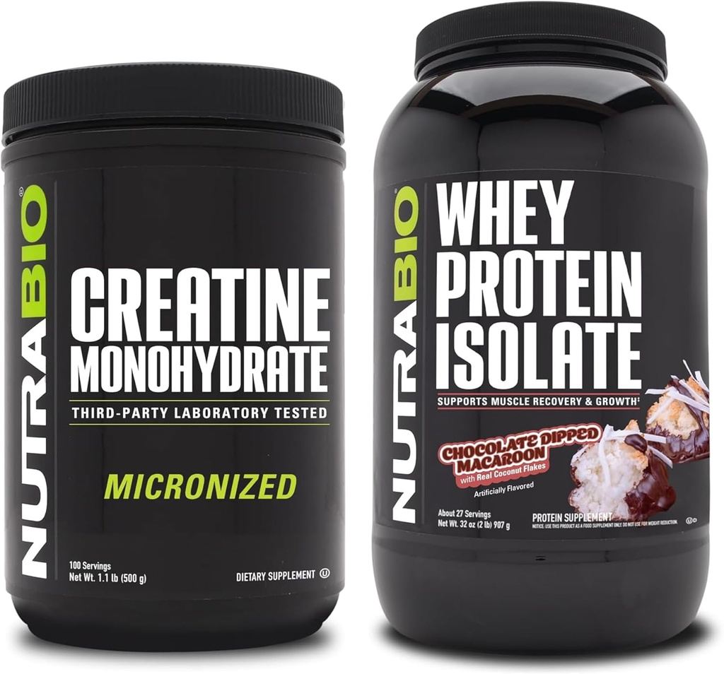 NutraBio Creatine Monohydrate, Unflavored, 500g ו Whey חלבון Isolate, שוקולד דיפל מקארוון, תוספת Bundle - שריר אנרגיה, צמיחה שריר Lean, התאוששות וכוח