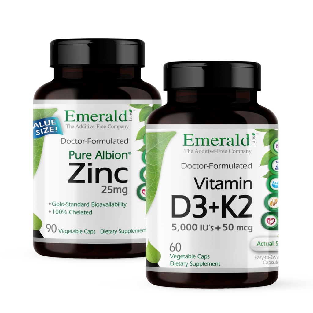 EMERALD LABS ויטמין D3+K2 (60 Caps) & Zinc 25 מ"ג (90 Caps) - Bone Health, Heart Support, Immune Support, Digestive Health, Oxidative Stress Support - Gluten-Free