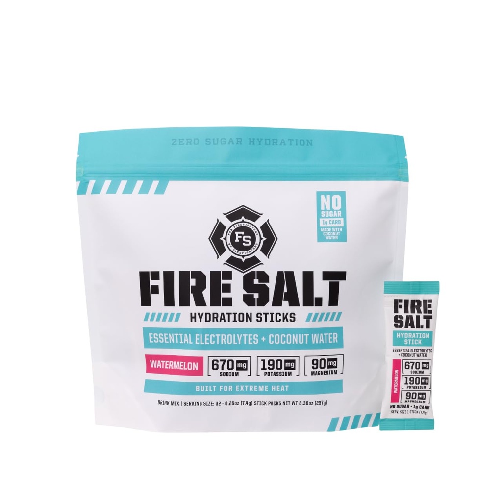 Fire Science Fire Salt hydrotion Sticks, Electrolytes & קוקוס מים, שתייה מרגיעה לערבב עם Magnesium, Potassium & Sodium, Zero Sugar, Single Serve on the Go Packs, Watermelon Flavor, 32 הרוזן