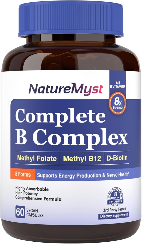 שלם B Complex, All 8 B ויטמינים, Methyl B12, Methyl Folate, Biotin, P-5-P, Highly Absorbable, אנרגיה הפקה, 60 טבעוני Caps