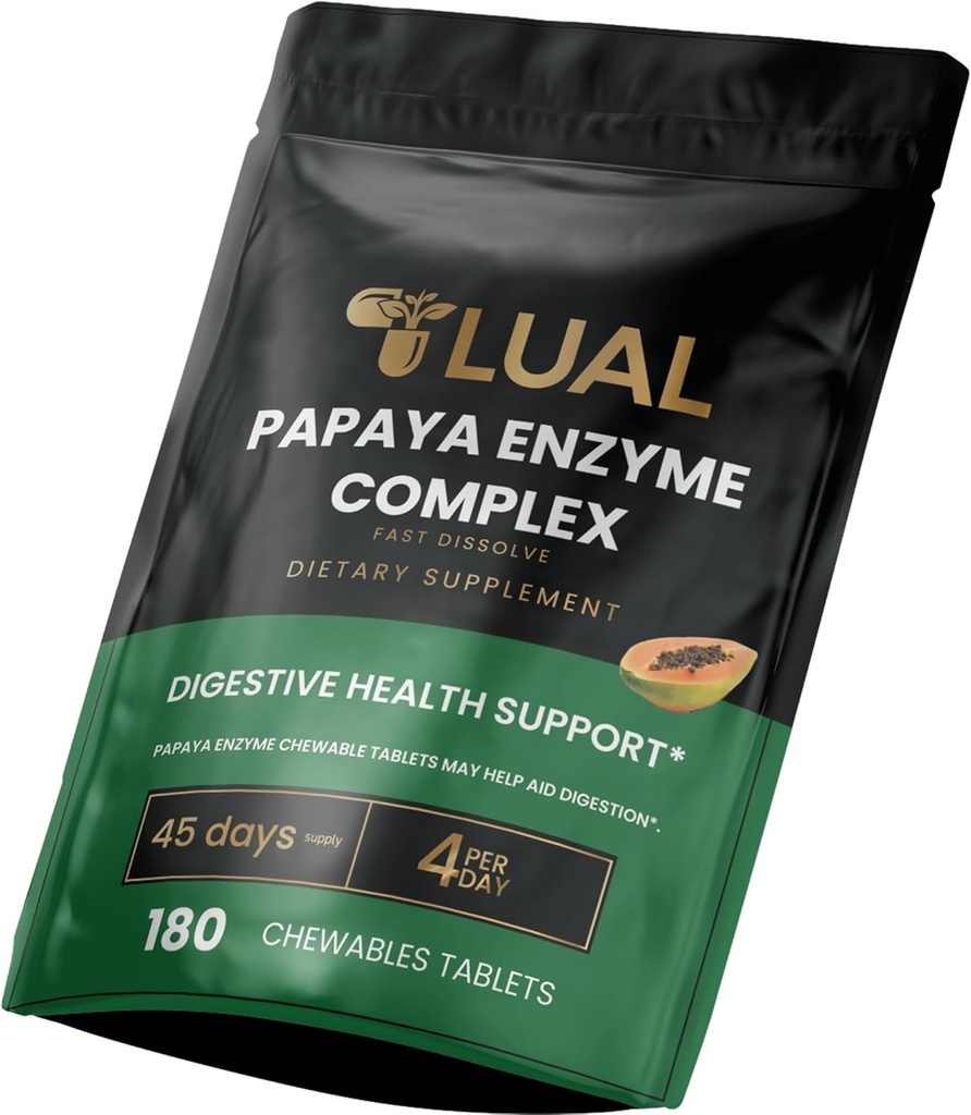 LUAL Papaya Enzyme Complex - טבליות Chewable עם Papain, Bromelain & Digestive Enzymes - תמיכה Digestion & חומרים מזינים Absorption - Natural Papaya Flavor - 180 הרוזן