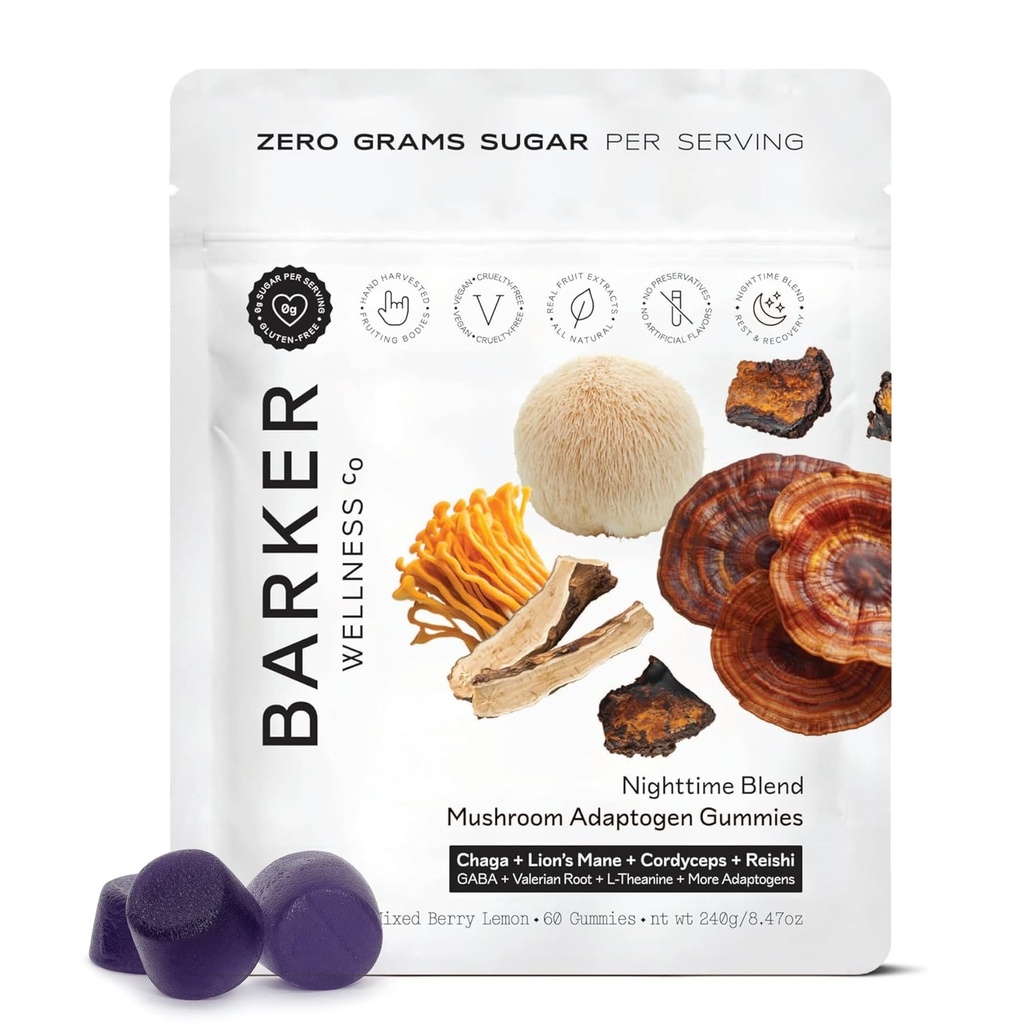 Barker Wellness Nighttime Mushroom Fitogenmies - טבעוני, פונקציונליות ללא סוכר עם Reishi, Lion's Mane, Chaga, Cordyceps & Fitogens - non-GMO, 60 Count Count Count Count