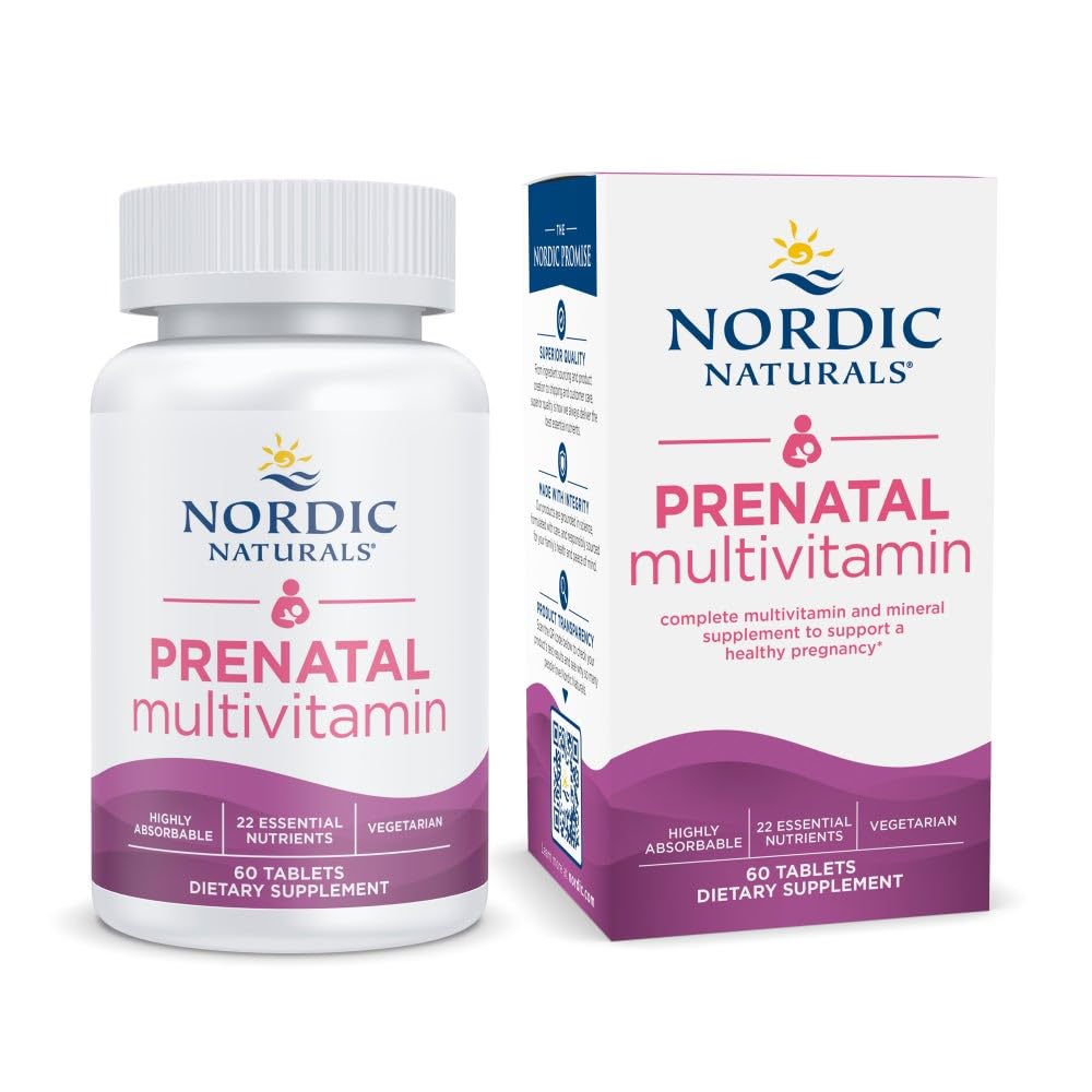 Nordic Naturals Prenatal Multivitamin לנשים - ויטמין טרום לידתי יומי - 22 חומרים מזינים חיוניים, כולל B6, Folate, ברזל - 60 טבליות - 30 משרתים