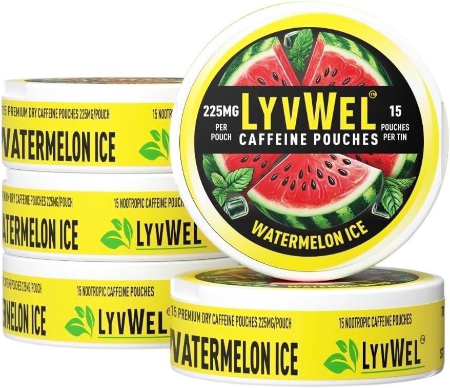 LyvWel 225 מ"ג Caffeine Energy Pouches - Watermelon Ice 5Pack (75 Pouches) - מרעננים אנרגיה & פוקוס - Guarana-Enhanced נקי Boost for Workouts & Grind