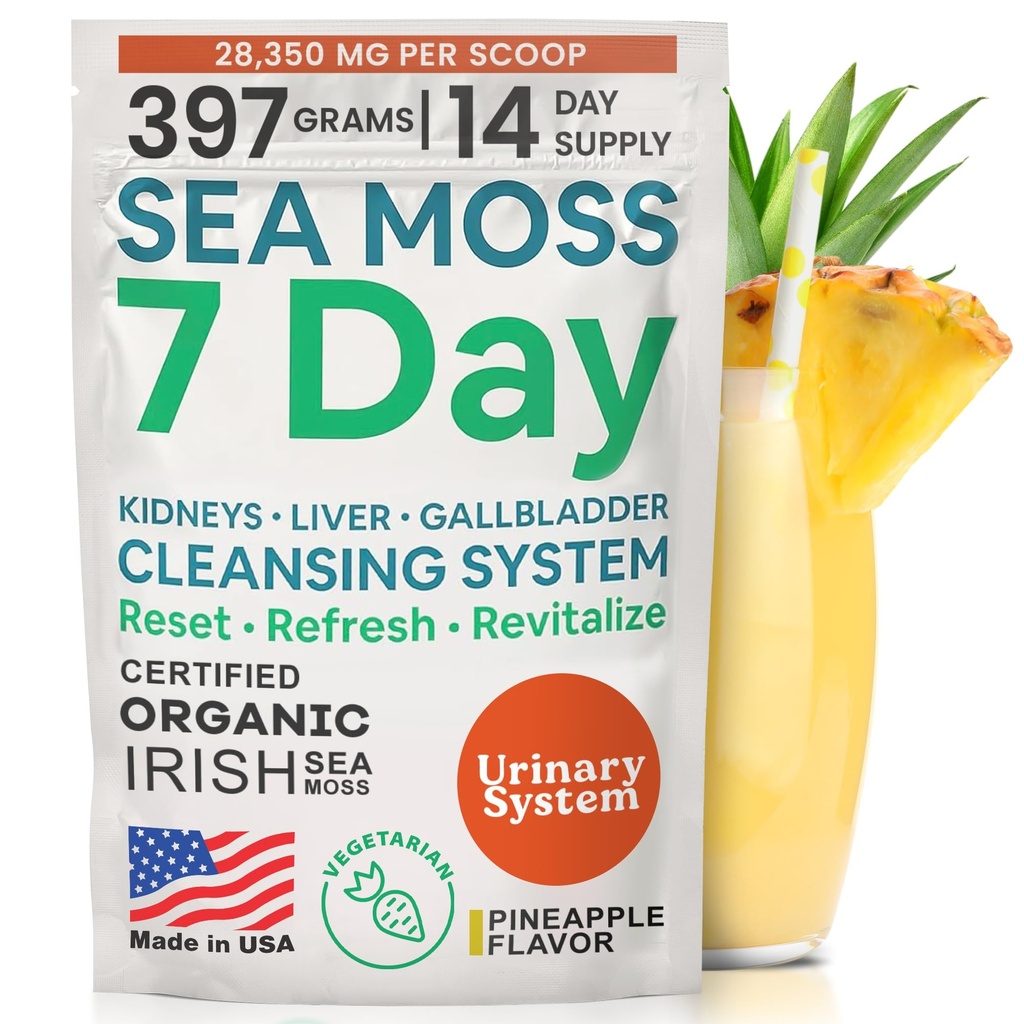 Atlantic Naturals Sea Moss 7 Day Detox Liver, Gallbladder & Kidney ניקויse - תמיכה ב- Dandelion Root, Milk Thistle, Burdock Root, Red Clover, Chanca Piedra - Pineapple Flavor drink Mix (14 oz)