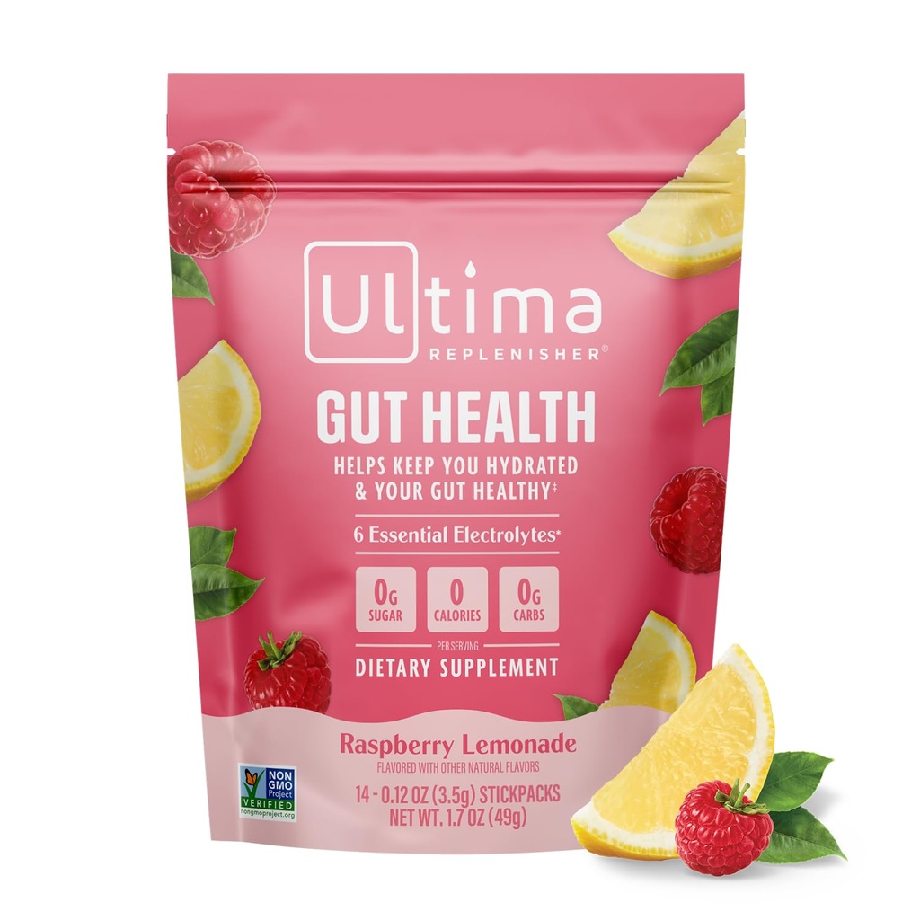 Ultima Replenisher Gut Health Supplement and Electrolytes אבקת - Raspberryade, 14 Stickpacks - hydrotion Packets עם תוספת היתרונות הבריאותיים של Gut
