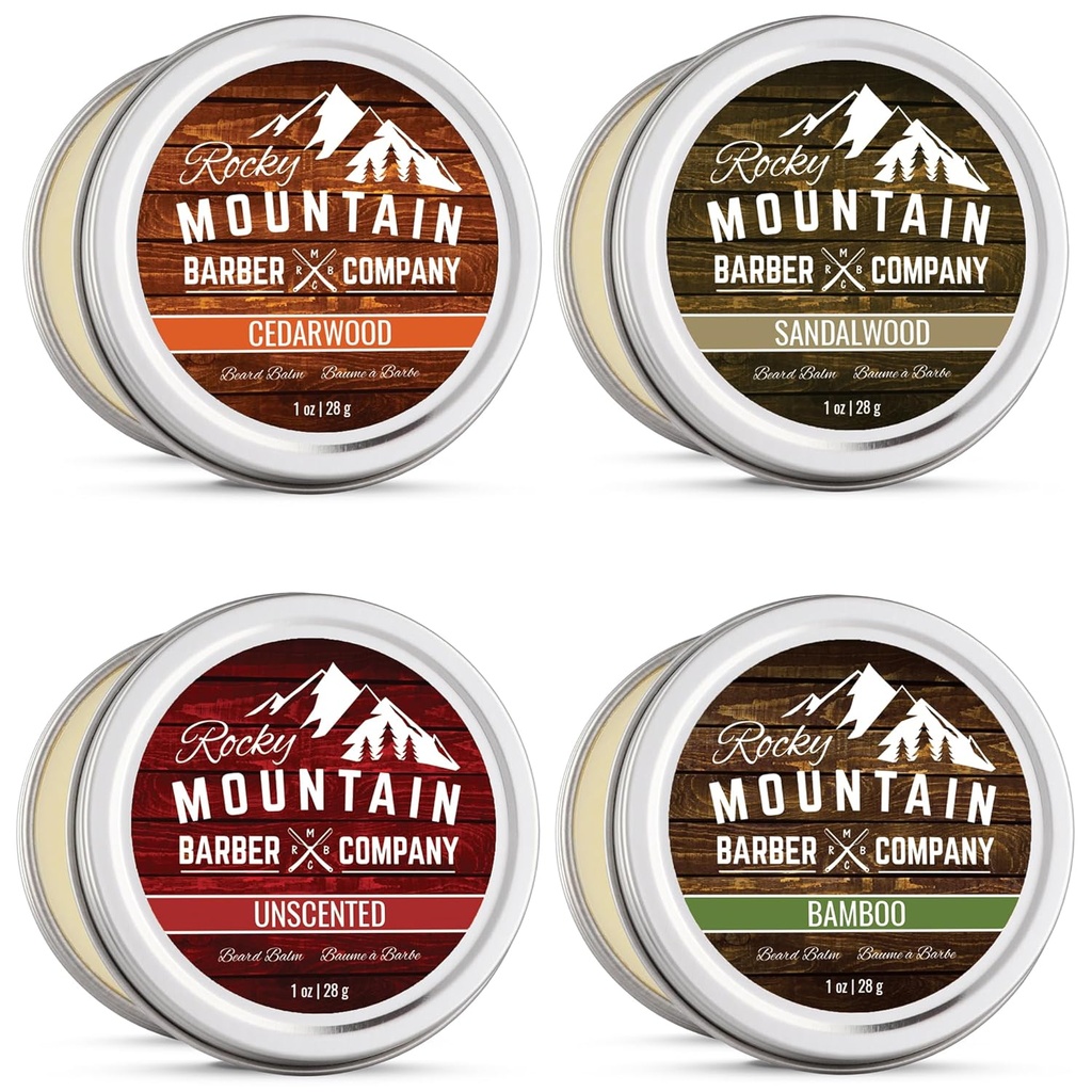 Beard Balm Variety Pack - 4 דגימות טבעיות (1 oz כל אחד) עם שמן Argan, Shea Butter, קוקוס שמן Jo Joba שמן - עשיר ויטמינים ומינרלים