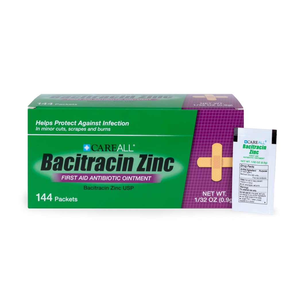 CareAll Bacitracin Antibiotic Zinc Ointment (144 Pack), 0.9gr Foil Packet. עזרה ראשונה שמונעת זיהומים עבור חתכים קטינים, סאנסים ושורפים