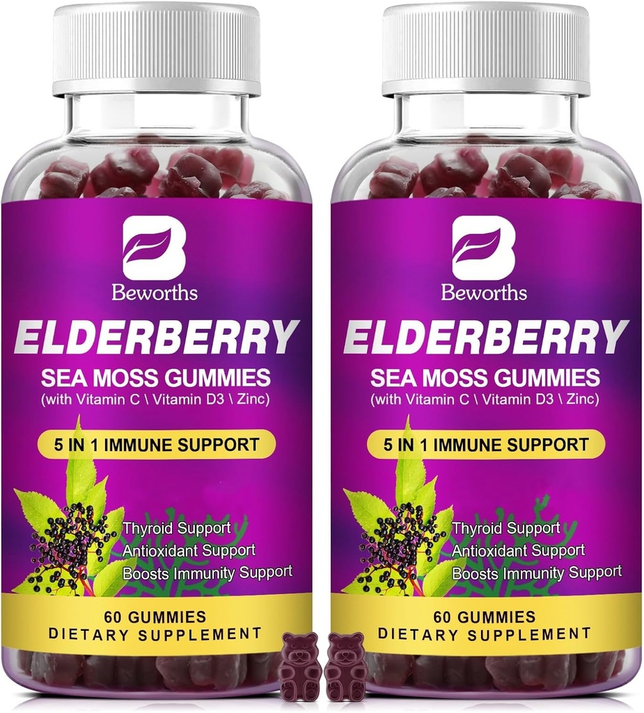 (2 Pack Elderberry Gummies & Irish Sea Moss, אורגני Sambucus Elderberry Gummy עם Seamos, Zinc, ויטמין C, D3, Multivitamin Elderberry ויטמינים - סוכר חינם ללא סוכר