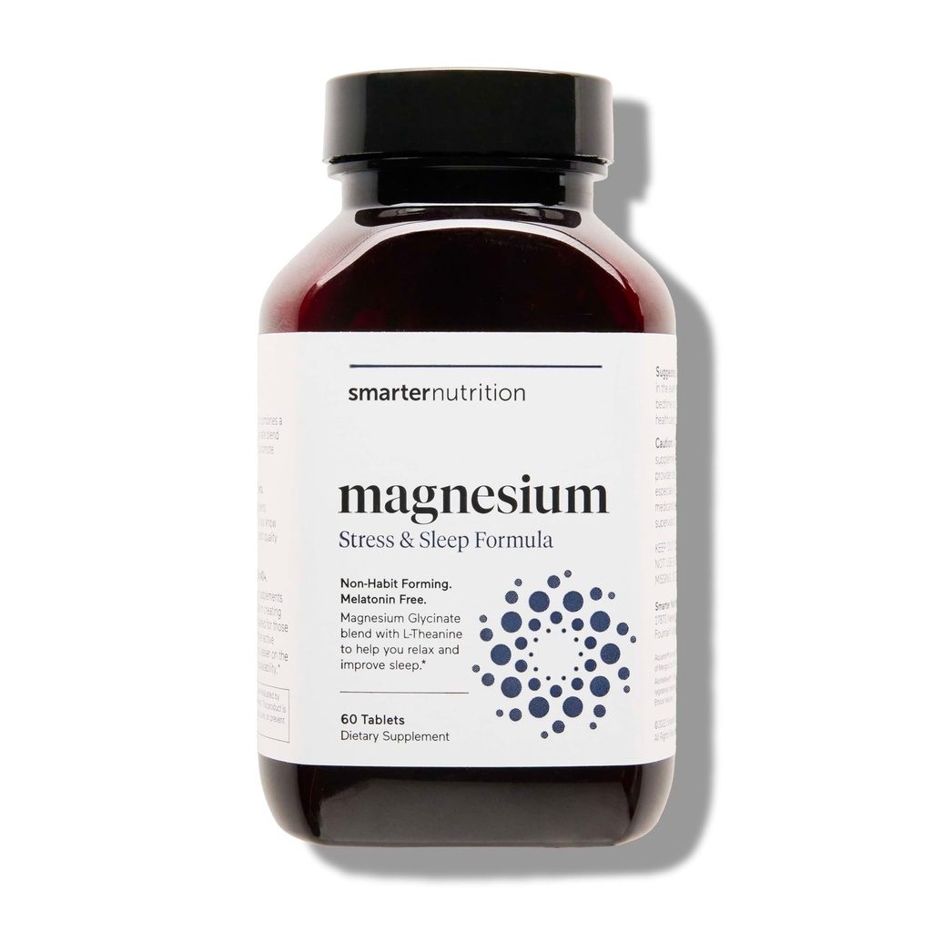 Smarter Nutrition Magnesium Complex - Chelated Magnesium Glycinate + Citrate, Malate for Sleep,רגיעה, שריר ועצבנים + פרובאנס קליני L-theanine, Non-GMO 60 Tablet[30-Day Supply]