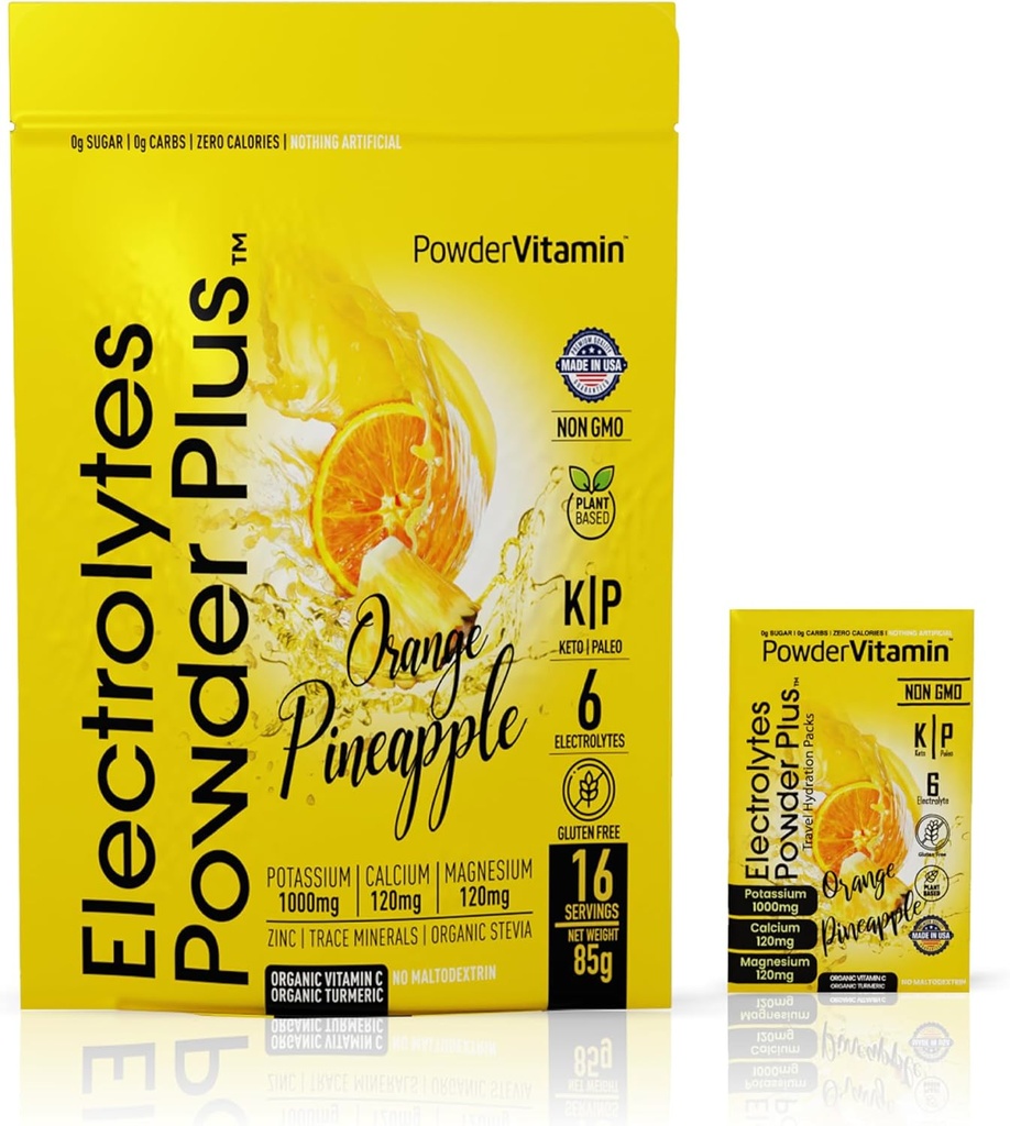 אבקהVitamin אלקטרוליט אבקת פלוס, Keto, Orange Pineapple, Sugar Free, פינק ההימלאיה מלח, 1000mg Potassium, 120 מ"ג Calcium, 120 מ"ג מגנזיום, Non-GMO, Zero Calories, (16 hydrotion Packets)
