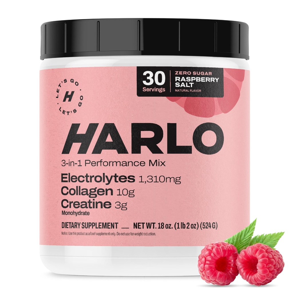 Harlo - Raspberry Salt Electrolyte Drink Mix with Bovine Collagen & Creatine- Creatine- Creatine- Creatine- Creatine Monohydrate אבקת משקאות אנרגיה - אבקת טרום עבודה