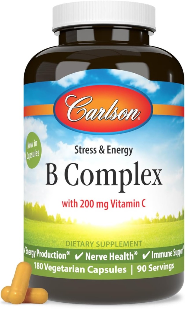קרלסון - B Complex Balanced B ויטמינים עם ויטמין C - מתח, אנרגיה & Immune ויטמין B Complex for Women & Men - 180 קפסולות צמחוניות