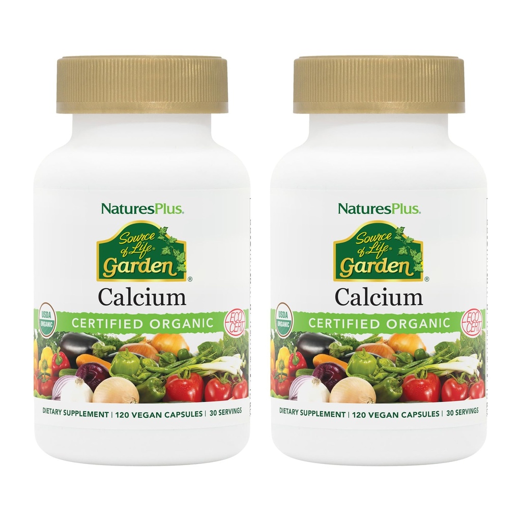 NaturesPlus Source of Life Garden Calcium - 120 קפסולות טבעוניות, Pack of 2 - Vegetarian, Gluten Free, Certified אורגני - 60 המשרתות הכוללות