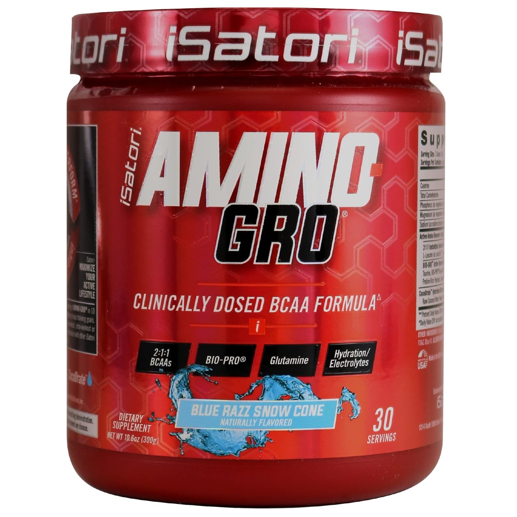 אבקת ISatori Amino-GRO BCAA, Chain Amino Acids עם Glutamine, אבקה אלקטרוליטית ו Bio-GRO Bio-Active Peptides עבור שריר צמיחה פוסט עבודהout Recovery, Blue Razz Snow Cone (30 משרתים)