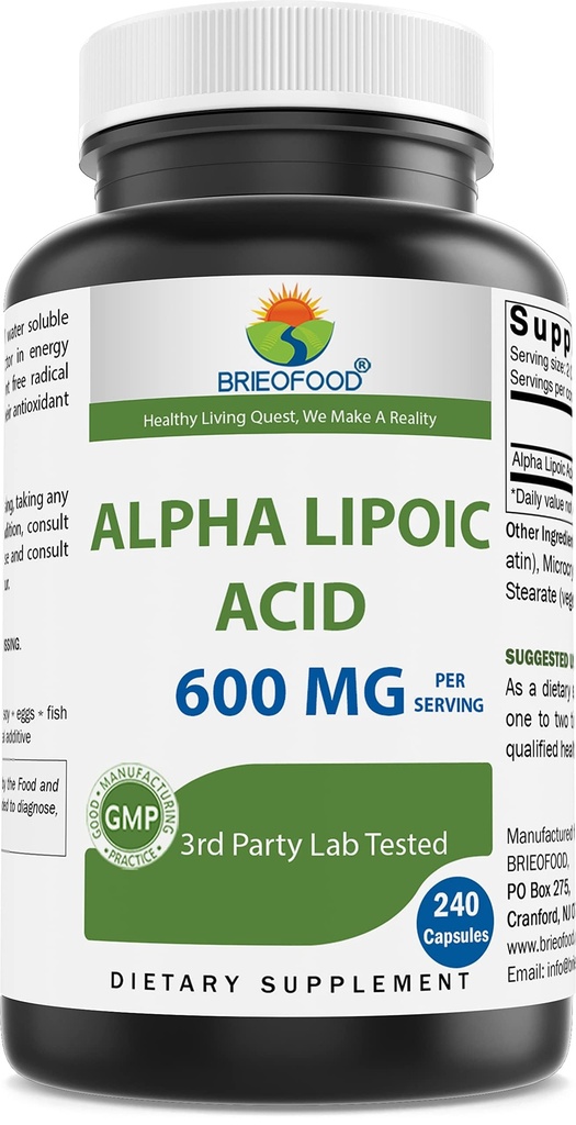 Brieofood Alpha Lipoic Acid 600 מ"ג לשרת - 240 קפסולות - non-GMO, Gluten חינם