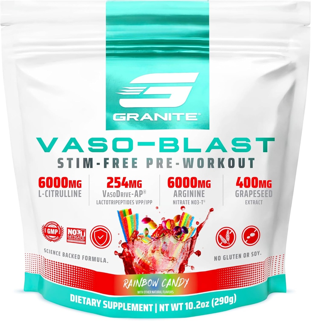 תוספי גרניט ואסו Blast, Rainbow Candy Flavor, Stimulant-Free Pre Workout for Men & Women with Grapeseed Extract, Arginine Nitrite, & VasoDrive-AP עבור Max Pump (20 משרתות)