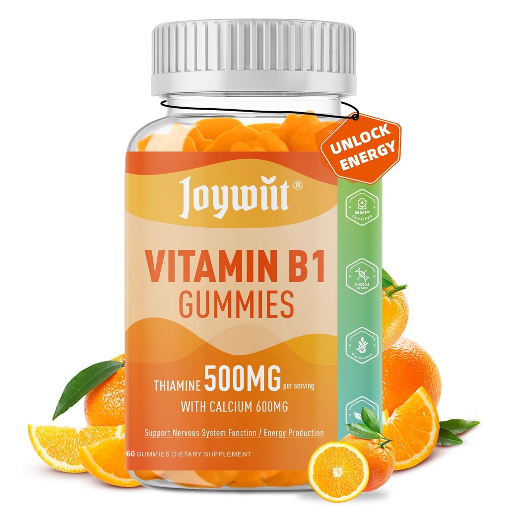 ויטמין B1 מסטיקנים 500 מ"ג, תוסף Chewable Thiamine B1 למבוגרים, עם 600 מ"ג Calcium Citrate, תמיכה מערכת Nervous, טבעוני, כתום טבעי