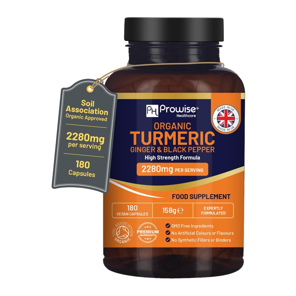 Turmeric 2280 מ"ג (כוח גבוה) עם Black Pepper & הג'ינג'ר - 180 קפסולות טורמריות טבעוניות עם Active Ingredient Curcumin I בריטניה Made by Prowise Healthcare