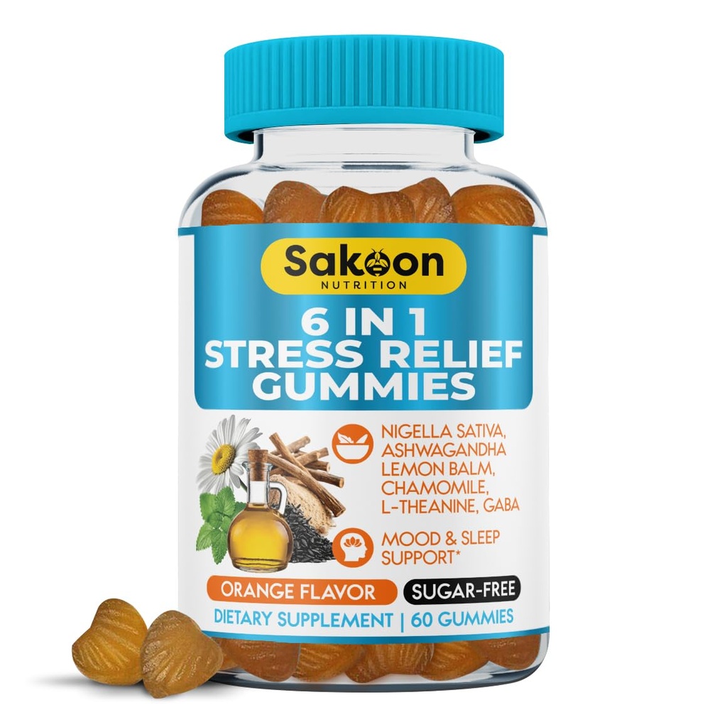 6-in-1 Stress Relief Gummies 60ct - איידס להירגע עם Ashwagandha, GABA, L-theanine, Lemon Balm, Chamomile, Black Cumin Seed Nigella Sativa. שיפור שינה עמוקה, תמיכה משותפת - 60 חניכיים