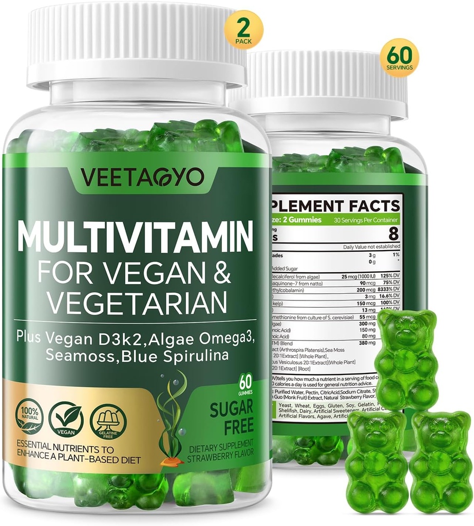 ויטמין D3 + K2-1000IU D3 90mcg K2 - Multivitamin for Vegetarian & Adults/Algae אומגה 3, Iron, Methyl B12,Seamoss, Iodine for Bone,Muscle, Energy, Immunity Support- Sugar Free,Gluten-Free,280