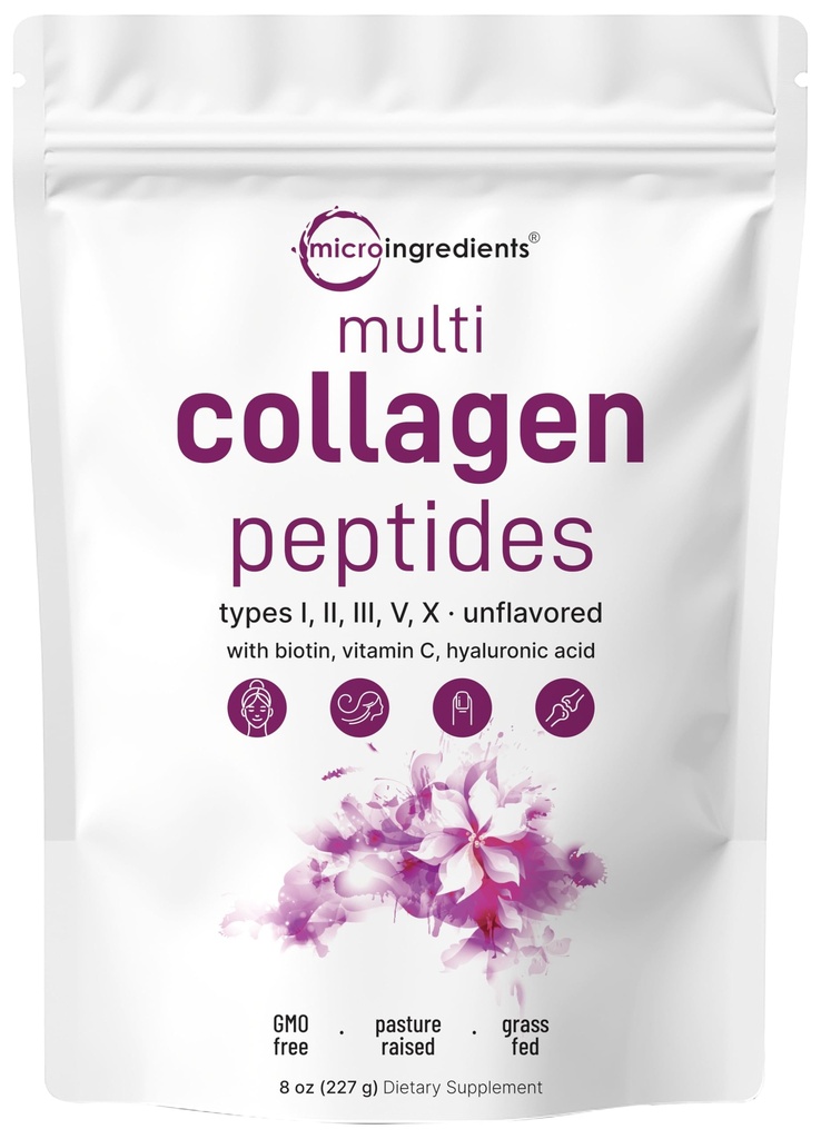 Micro Ingredients Multi Collagen Peptides אבקה, 8oz | Type I, II, III, V, X + Biotin, ויטמין C & Hyaluronic Acid | Unflaved | תומך שיער, עור ובריאות משותפת | Keto, Non-GMOtin, ויטמין C & Hyaluronic Acid