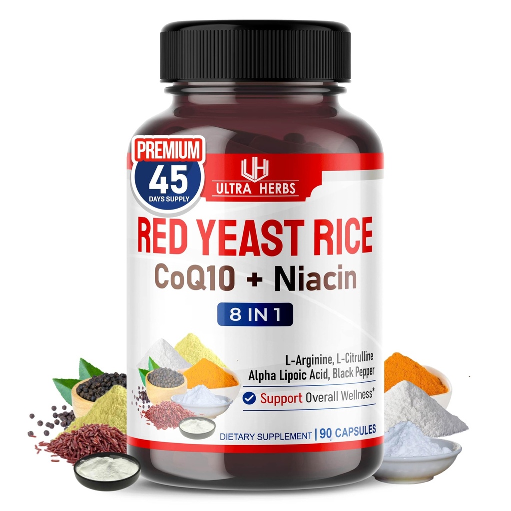 Ultra Red Yeast Rice CoQ10 - קידום בריאות כוללת עם Niacin, L-Arginine, L-Citrulline (90 Count (Pack of 1))