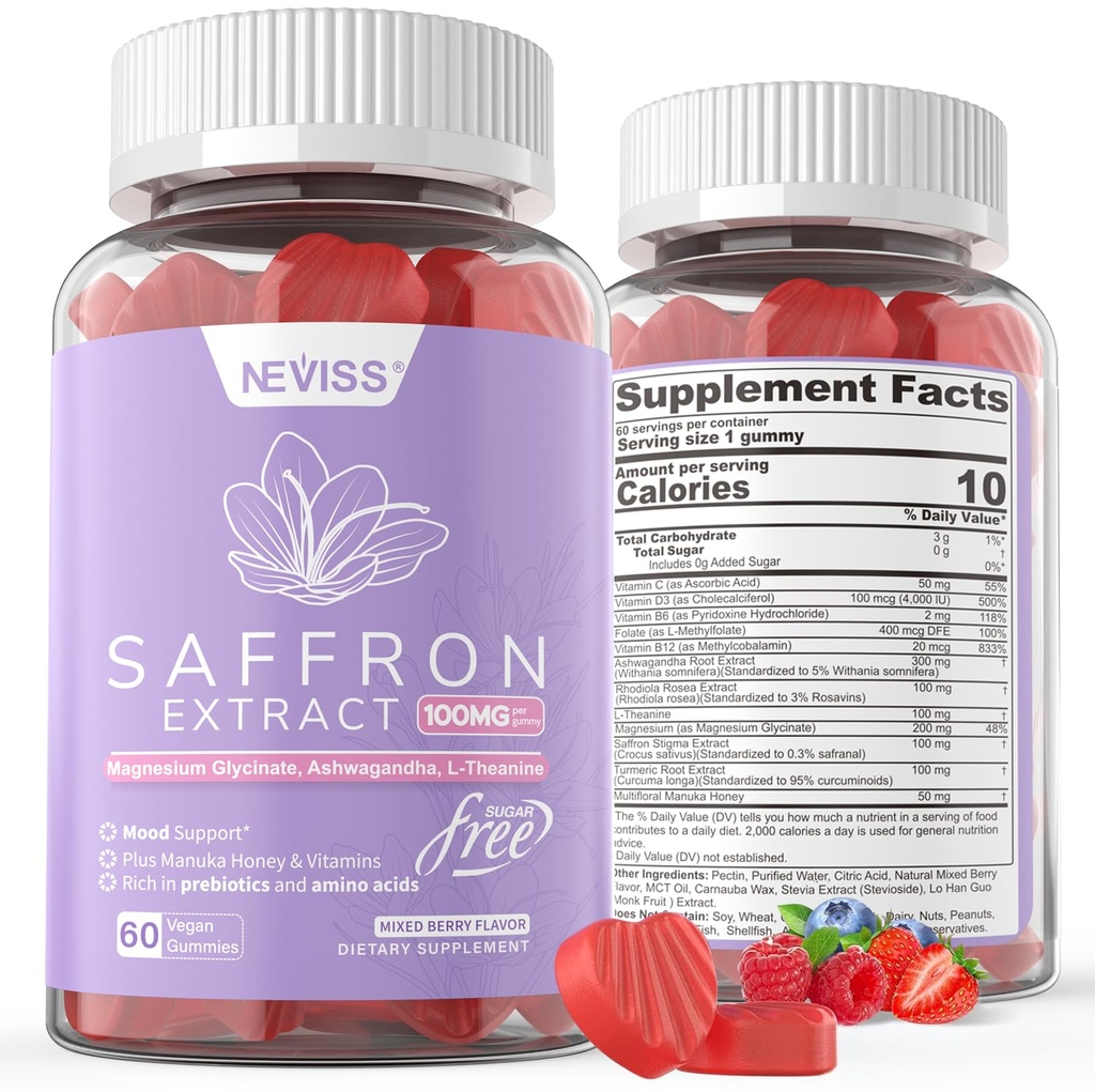 תוספי Saffron תוספת חניכיים 100 מ"ג - 100% טהור Saffron לחלץ עם Magnesium Glycinate, L-theanine, Turmeric, Ashwagandha, Honey & B Complex for Mood & Power, Antioxidant, Vitality - Count 120 120