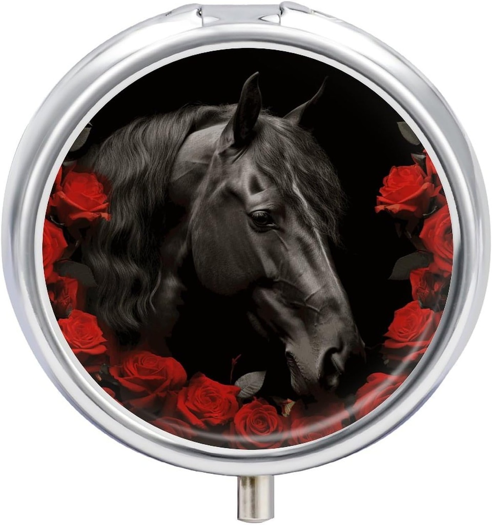 סוס שחור על רקע של Red Roses Pill Case 3 השוואתי גלולת גלולת גלולת הגלולה היומית מארגנת Pocket Purse Daily Medicine Container to Hold ויטמינים Fish Oil Travel Gifts