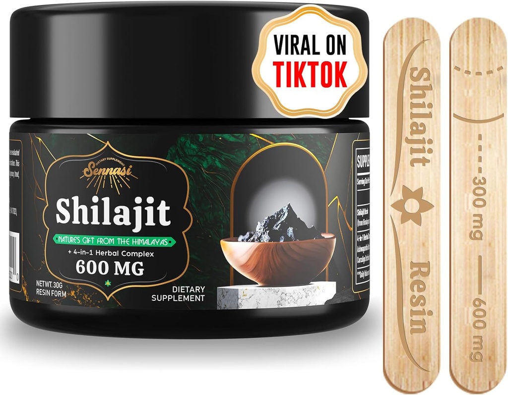 Sennasi 600 MG Shilajit Resin - תוספי Shilajit עם Fulvic Acid & 85 + Trace מינרלים עבור אנרגיה, חסינות, כוח המוח, 30 גרמים