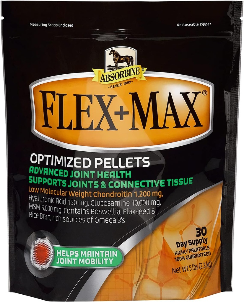 Absorbine Flex+MAX Horse תוספת משותפת Pellets, Highly Palatable, מקיף Equine פורמולה עם Glucosamine, MSM, Chondroitin & Flaxseed, 5lb / 30 יום אספקה